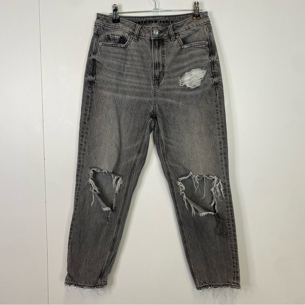 American Eagle Size 4 Short Mom Jean Black Distressed Ripped Jeans Pants